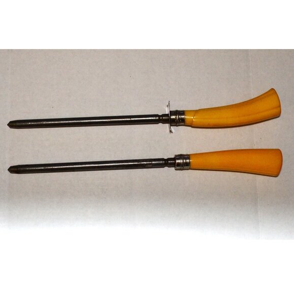 Pair Of Vintage Knife Sharpeners Unmarked Bakelite Yellow Handles Retro Kitchen - Picture 1 of 5